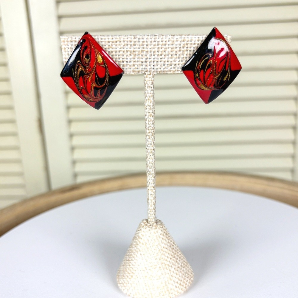 Retro Red Black Enamel Clip On Earrings Geometric Diamond Gold Swirl Swank Style